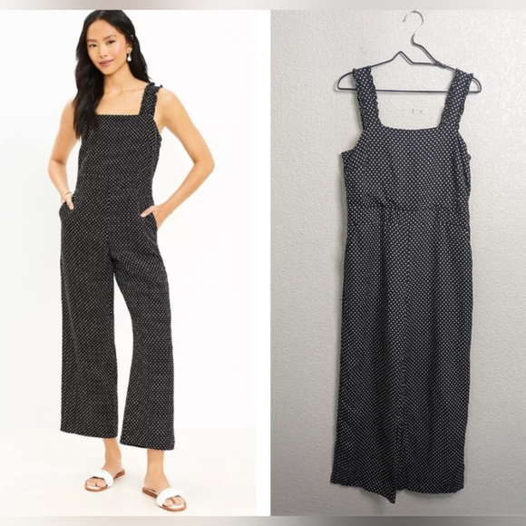 LOFT Linen Blend Black White Dotted Wide Leg Crop Jumpsuit Polka Dot Pockets 6 - Picture 1 of 12